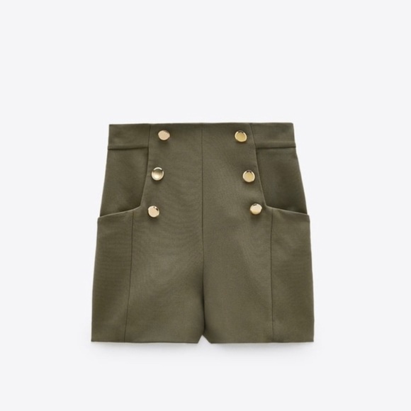ZARA  Shorts With Gold Button Mid-Green - Picture 2 of 4